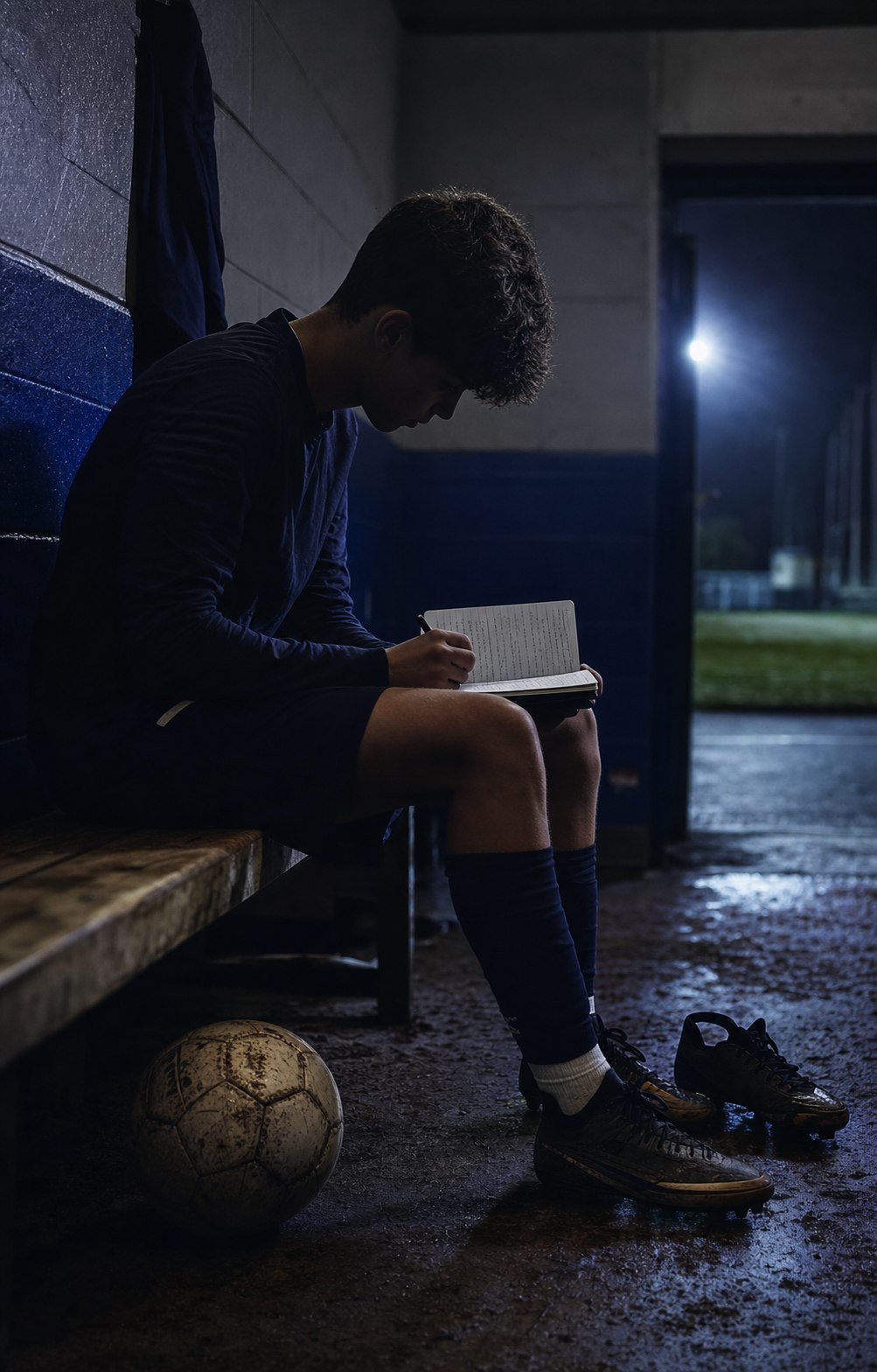 An anonymous football player recording match notes alone after a night game