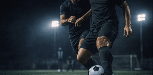 Footballer receiving a pass under pressure on a night training pitch