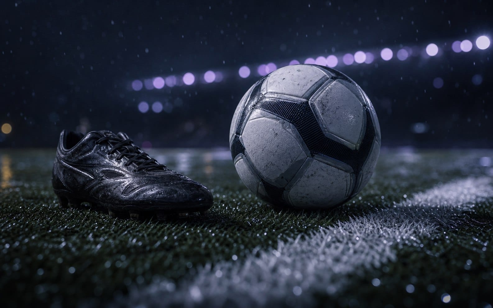 A football boot and ball on a wet pitch under stadium lights
