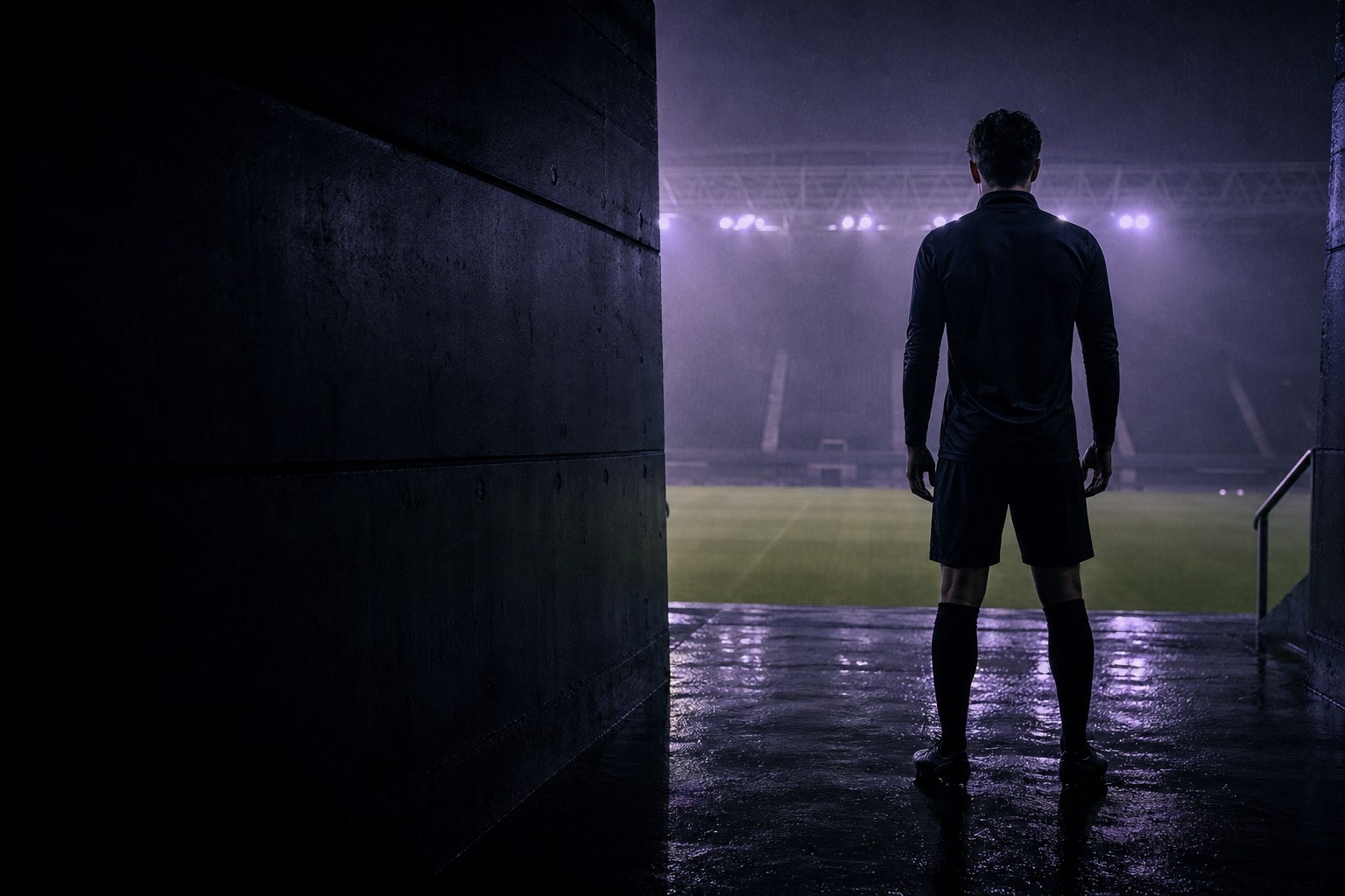 A footballer looking out from a dark tunnel toward a floodlit pitch